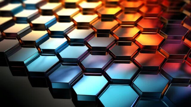 Bright colors swirl and reflect on hexagon shapes during an art display in a gallery. The lights change in the evening creating different patterns and effects.