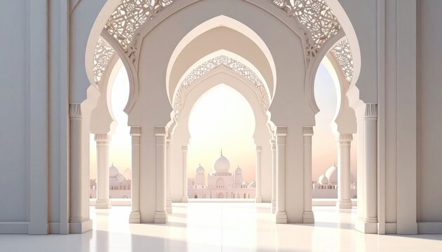 3d luxury white paper cut vertical arch Islamic ramadan kareem eid mubarak arabic background banner design illustration