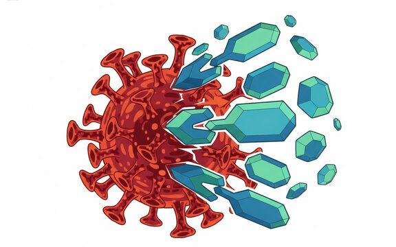 Abstract graphic illustrating a microscopic antagonist being neutralized by specialized protective components, symbolizing immune system activation and advanced scientific discovery in health
