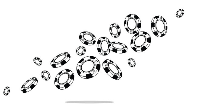 Realistic black and white casino poker chips fly across the air in a dynamic composition for gambling or gaming themes.