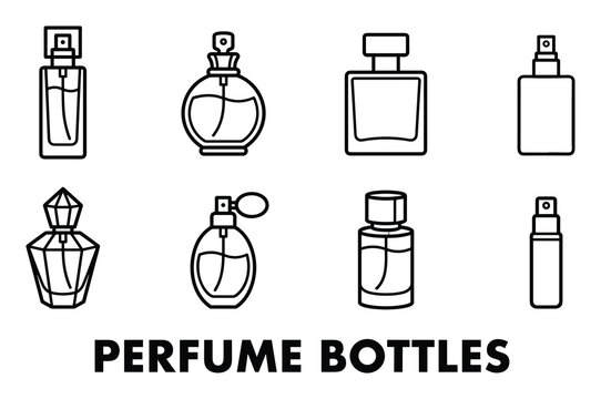 Line art icons of perfume bottles for fashion and beauty industry, stylish flacons with spray pump.