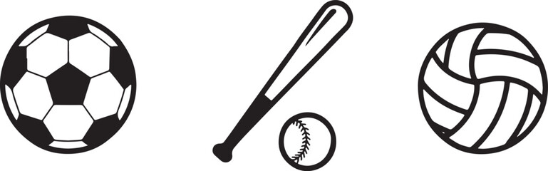 Fototapeta premium Set of black and white sports icons featuring a soccer ball a baseball bat with a ball and a volleyball for athletic activities isolated on transparent background, Vector, illustration