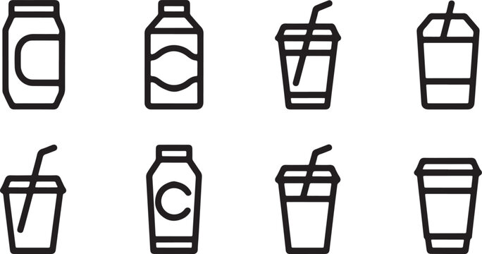Set of black line icons showing various beverage containers such as soda cans milk cartons and disposable plastic cups with straws isolated on transparent background, Vector, illustration