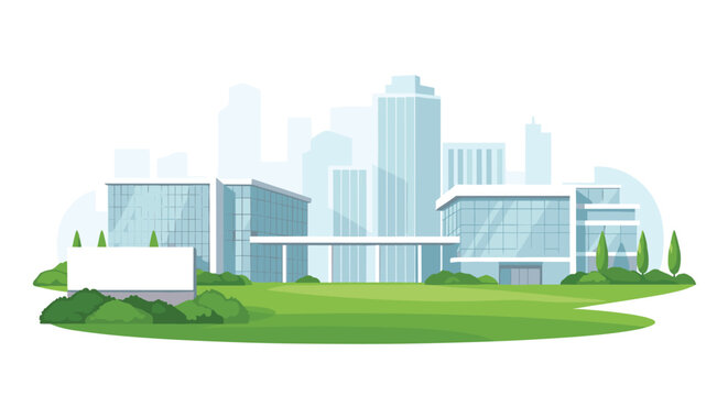 Modern architectural complex features glass buildings and a wide green lawn set against a faint city skyline backdrop.