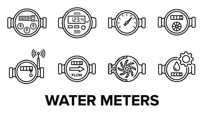 Outline water meter icons with different display types and connection styles clean line art vector set.