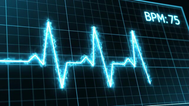 A close-up view of a digital heartbeat monitor displaying a BPM of 75 against a dark grid background, symbolizing health and vital signs.