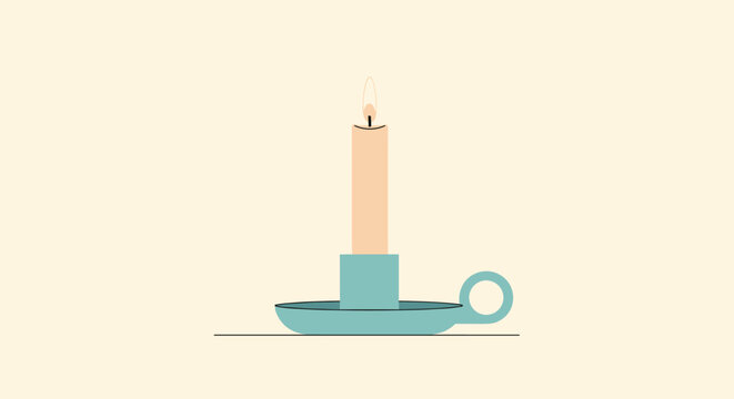 Single burning candle in a simple teal-colored holder provides a soft light on a neutral background in a minimalist style.