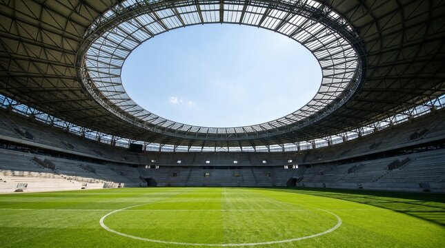 Modern football stadium with a circular roof and empty grass pitch