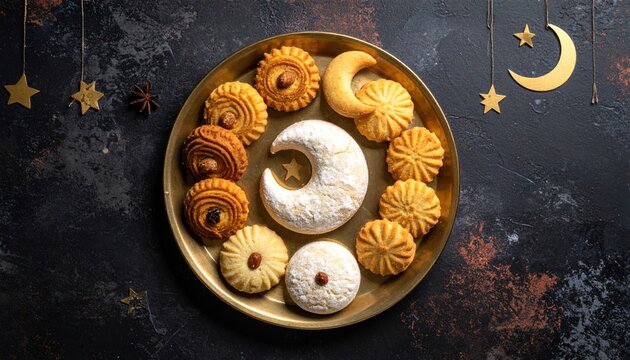 Assorted semolina maamoul or mamoul cookies , awameh or lokma with ramadan decor crescent moon. Traditional arabic Eid al Adha, Eid al Fitr , Ramadan sweets