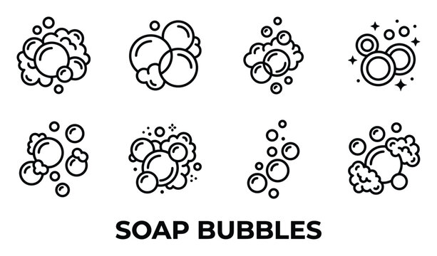 Set of eight stylized outline soap bubbles and foam elements isolated on white background vector.