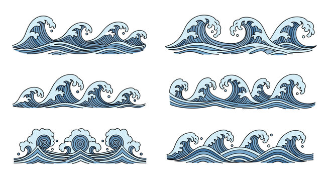 Set of ocean waves in various styles and heights reminiscent of traditional Japanese art and woodblock print aesthetics.