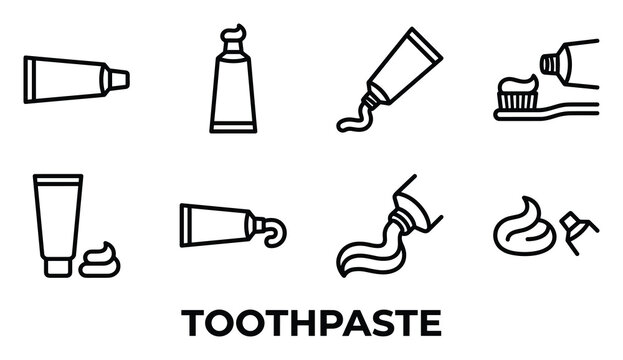 Toothpaste tubes and applied paste line art icons for dental hygiene vector set.