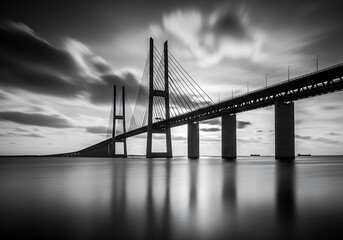 Fototapeta premium Suspension bridge over calm water under cloudy sky black and white