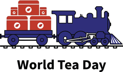 A blue steam train engine pulling a cargo wagon filled with red boxes of tea for the celebration of World Tea Day event © SAIF820