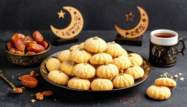 Assorted semolina maamoul or mamoul cookies , awameh or lokma with ramadan decor crescent moon. Traditional arabic Eid al Adha, Eid al Fitr , Ramadan sweets