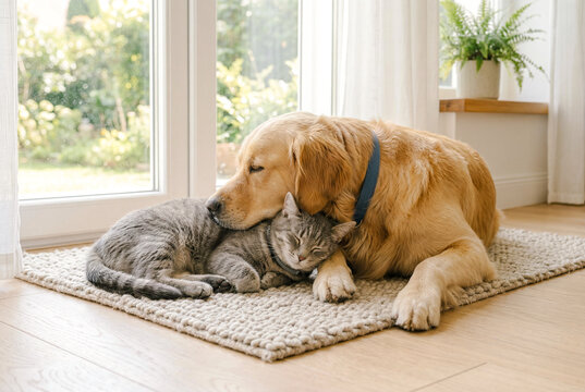 窓辺で寄り添って眠る犬と猫
