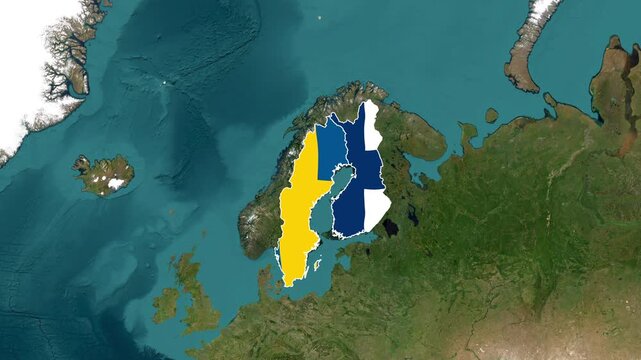 Animated Swedish and Finnish flags appearing on a satellite map of Europe