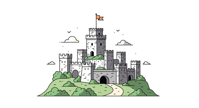 Majestic medieval stone castle with multiple towers and a tall central keep situated on a grassy hill under a clear sky with birds.