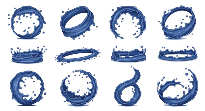 Detailed set of dark blue water splash circles and rings showing liquid movement and spray effects for beverage or cleaning themes.