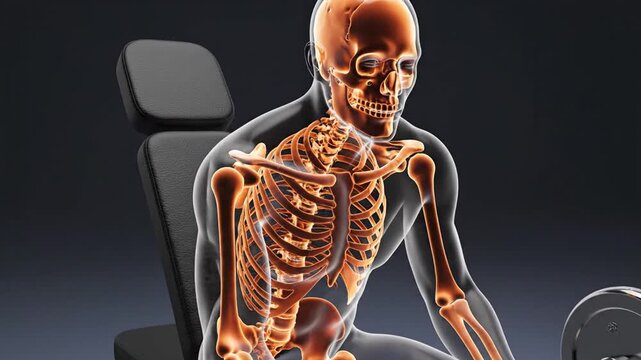 Medical illustration of a human skeletal system performing a barbell curl on a weight bench