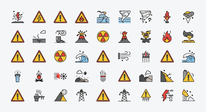 Set of warning and danger icons, lightning, fire, flood, tornado, volcano, radiation.