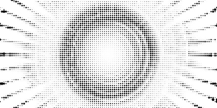 Halftone concentric circle texture. Dots radial gradient background. Black rippled repeating sound wave ring wallpaper. Vector rasterized backdrop for epicenter, target, radar signal, vibration