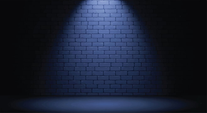Empty brick wall illuminated by a single blue spotlight in a dark room with blue light spotlight illumination background lighting architecture