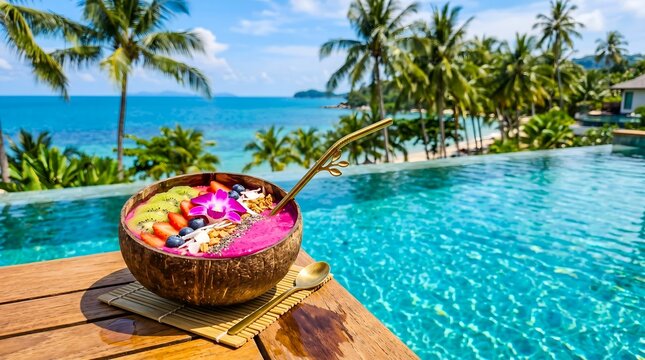 Vibrant smoothie bowl in coconut shell with fresh fruits, granola, golden straw, and spoon on a wooden table next to an infinity pool with a tropical ocean and palm tree background