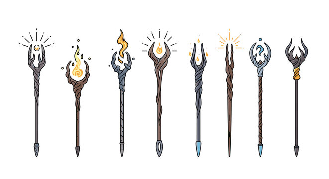 Collection of eight unique magic staves and wizard wands with different materials, glowing crystals, and magical energy effects for fantasy.