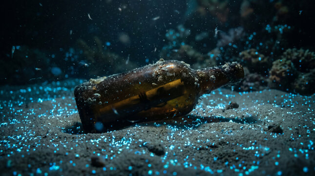 Vintage Forgotten message in a bottle on the sandy underwater ocean floor