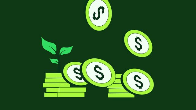 2D animation of financial growth with stacks of money increasing upward. Smooth motion graphic representing rising income, business success, investment growth,