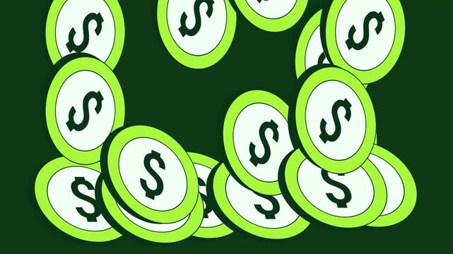 Animated 2D falling money with dark green background. Smooth motion graphic of floating dollar bills raining down, perfect for finance, business, wealth, investment, cashback, success, promo,