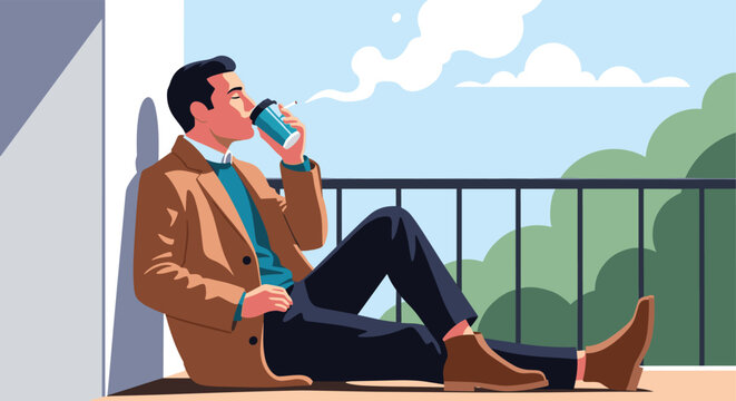 Man in a brown coat relaxing on a balcony while drinking coffee and smoking a cigarette against a clear blue sky.