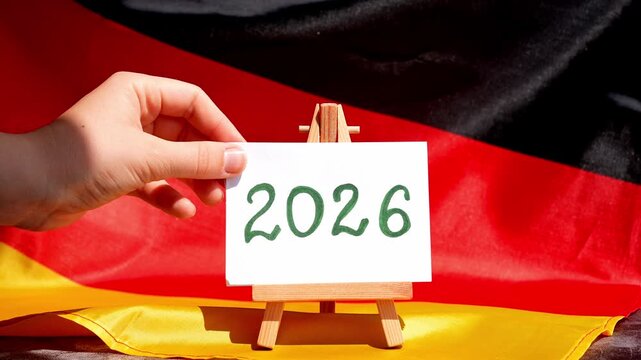 Paper note with text 2026 on National symbol of Germany. German wave silky flag background. Concept of financial outlook planning, new year annual report