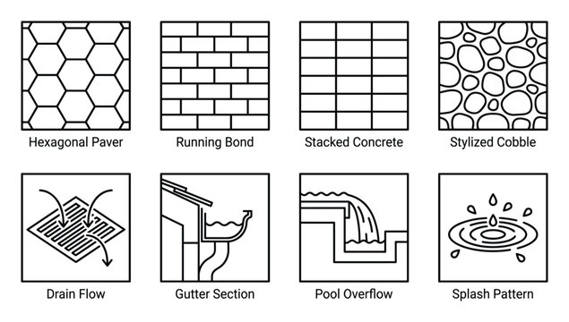 Collection of 8 vector icons showing paving patterns and water flow for drainage design.