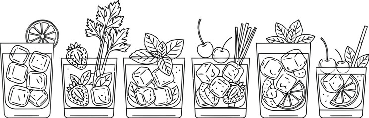 Set of hand drawn cocktail glasses with ice cubes fruit slices mint leaves berries and cherries for summer drinks © SAIF820
