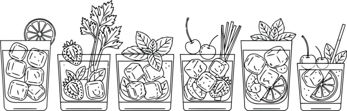 Set of hand drawn cocktail glasses with ice cubes fruit slices mint leaves berries and cherries for summer drinks