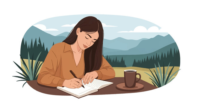 Vector illustration of a young woman with long dark hair writing in a journal at an outdoor table with a coffee mug, scenic mountain range and pine tree forest landscape background.