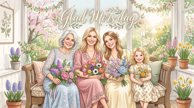 "Glad Mors dag" Swedish text, multigenerational family illustration for Swedish Mother&rsquo;s Day celebration