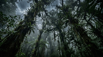 Fototapeta premium Mystical Cloud Forest Canopy with Epiphytes and Mist