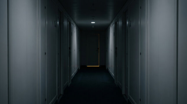 Empty quarantine corridor inside cruise ship with amber warning light under isolated cabin door disease outbreak emergency concept.
