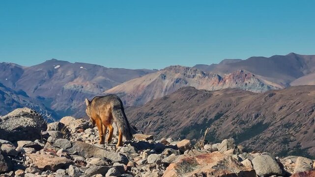 An Andean fox (Culpeo, Lycalopex culpaeus) moves through a rocky high-mountain landscape beneath a clear blue sky, revealing native South American wildlife in its natural environment, Argentina