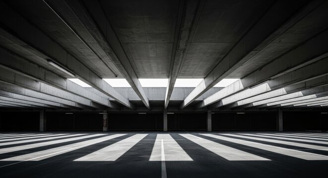 Sunlight and Shadows Dramatize Modern Concrete Parking Garage Architecture with Linear Patterns