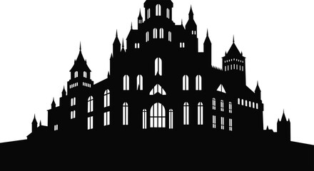 Fototapeta premium Dark black silhouette of a large majestic gothic castle with multiple towers and windows against a stark white background for spooky design.
