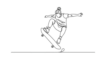 Minimalist continuous line art of a person doing an ollie jump skateboard © Line Galaxy