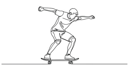 Continuous line drawing of a young man riding a skateboard on the street © Line Galaxy