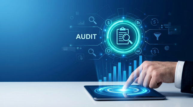 Audit financial compliance business technology touchscreen digital interface data report analysis, business professional hand touching tablet with audit dashboard, glowing icons and charts