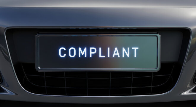 Compliant sign vehicle plate highlights regulation adherence for autonomous vehicles ensuring safety and legal standards