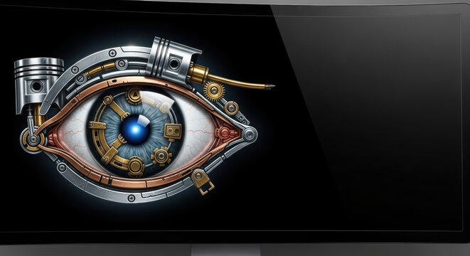 Mechanical eye with gears and metal parts dark screen symbolizes data privacy concerns technology and surveillance systems
