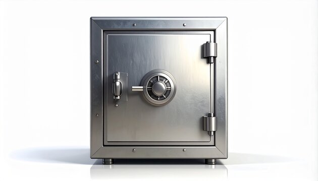 A shiny metal safe with a combination lock sits on a reflective white surface in a well-lit room.